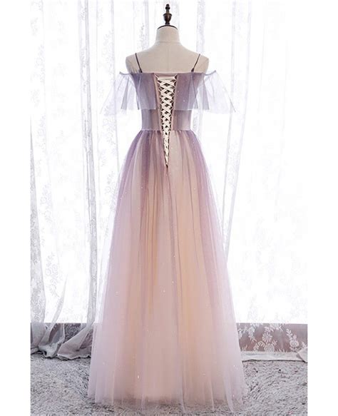 Fantasy Bling Purple Tulle Prom Dress With Spaghetti Straps Mx16056