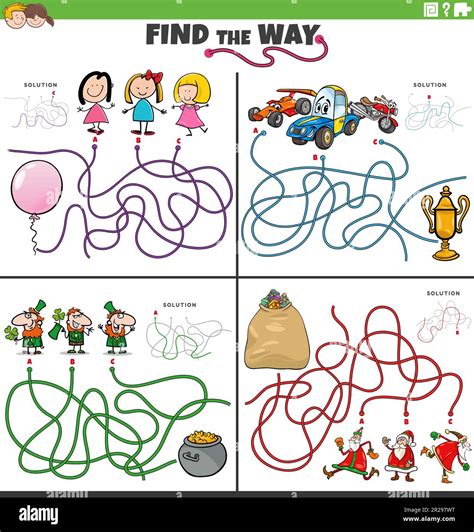 cartoon illustration of find the way maze puzzle games set with funny comic characters stock