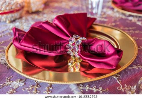 Luxury Wedding Reception Table Setting Closeup Stock Photo 1015582792