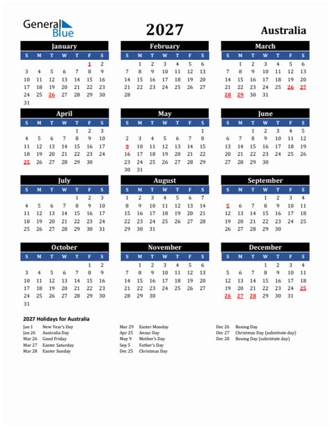 2027 Australia Calendar With Holidays