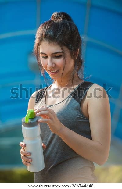 Fitness Beautiful Woman Drinking Water Sweating Stock Photo 266744648