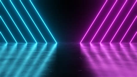 Blue Pink Neon Lines Diagonal Angle Stripes Glow Reflections Flicker 4k
