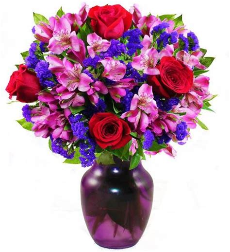 Red Roses Pink Alstroemeria And Purple Statice For Valentines Day