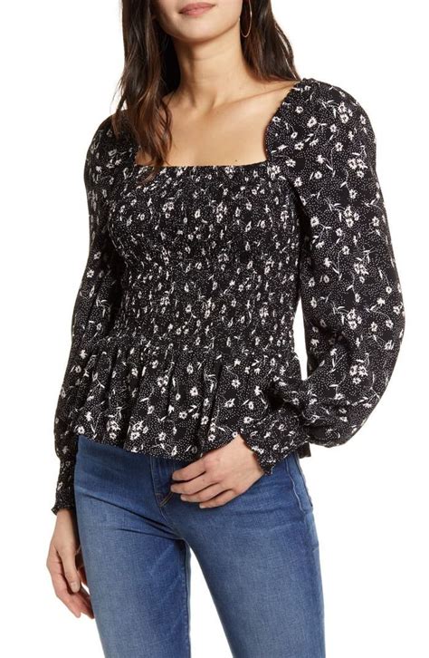 Chelsea28 Square Neck Smocked Top Womens Printed Tops Fashion