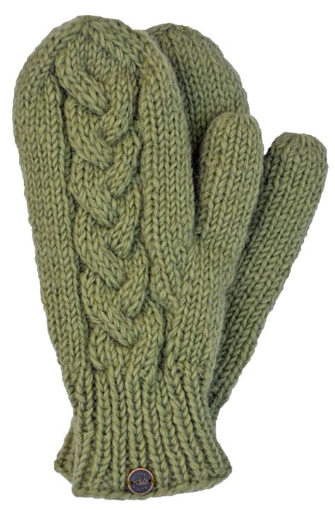 Fleece Lined Mittens Cable Pear Green Black Yak