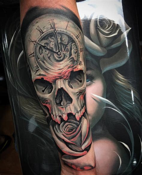 Clock Skull And Rose Fusion On Guys Arm Best Tattoo Design Ideas