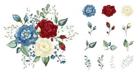 Premium Vector Floral Set Colorful Red Blue And White Floral Collection With Leaves And