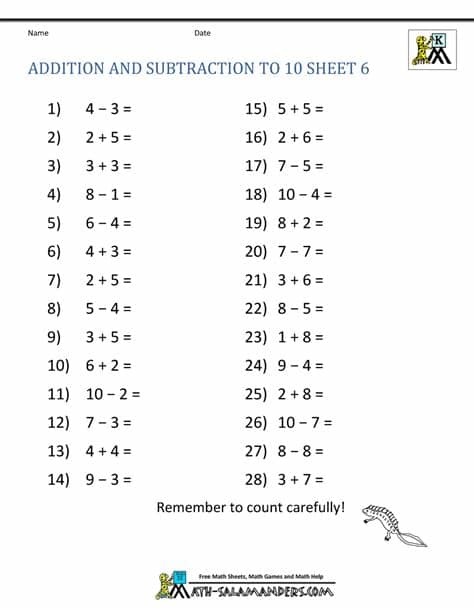 Addition and Subtraction Worksheets for Kindergarten
