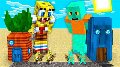 Minecraft Noob Vs Pro Battle One Block Inside House Spongebob