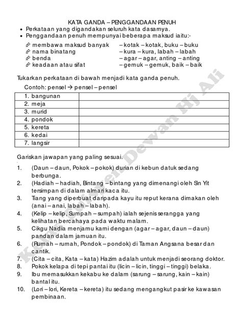 Set induksi bahasa malaysia tahun 3 definisi kata ganda jenis kata ganda uji kefahaman set latihan penutup pada akhir pengajaran dan pembelajaran murid dapat : Latihan Tatabahasa - Kata Ganda Penuh
