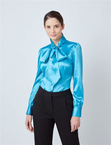Satin Womens Fitted Satin Blouse With Single Cuff And Pussy Bow In