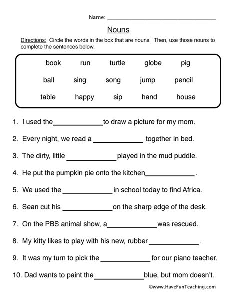 Second grade subtraction word problems 2nd printable worksheets for kindergarten withping. Noun Fill in the Blanks Worksheet | Have Fun Teaching