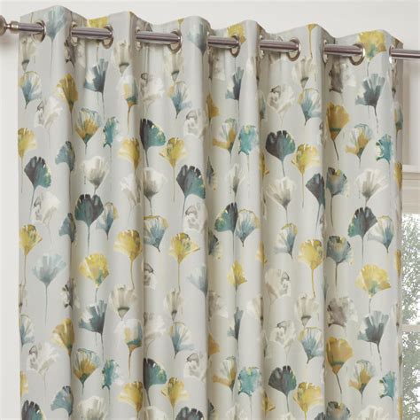 Ochre Eyelet Curtains Teal Watercolour Floral Ready Made Ring Top