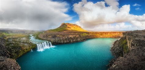 Waterfall Summer Iceland River Clouds Cliff Panoramas Water