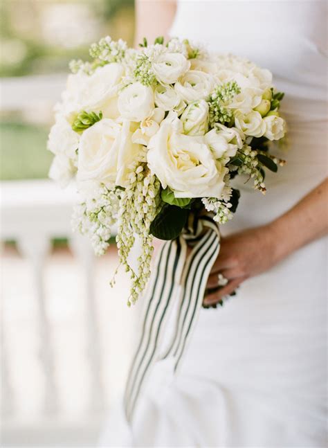 Classic Ivory Wedding Bouquet With Cream And Green Striped Ribbon