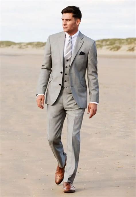 2017 Latest Coat Pant Designs Light Grey Men Suit Beach Terno Slim Fit