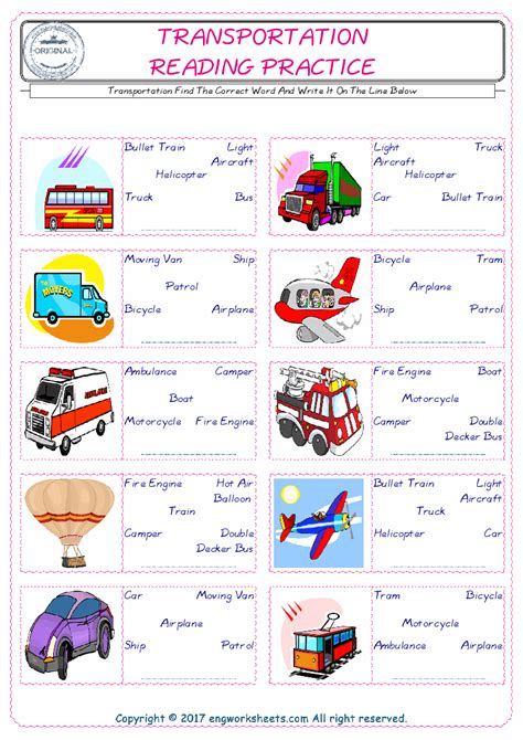Transportation English Worksheet For Kids Esl Printable Picture