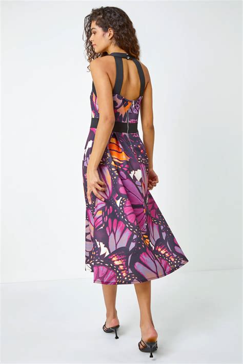 Premium Stretch Butterfly Halterneck Dress In Purple Roman Originals Uk