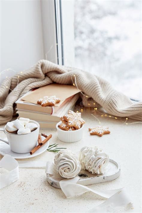 Cozy Christmas Aesthetics Background White Marshmallows Hot Cocoa