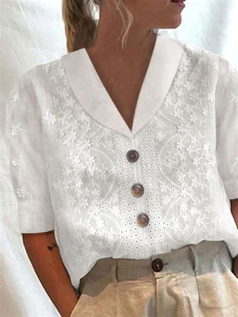 Women Elegant Plain Cotton Linen Floral Lace Lapel Button Down V Neck