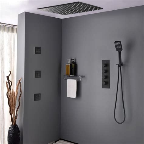 Thermostatic Matte Black Shower System Large Rainfall Shower Head With Hand Shower And