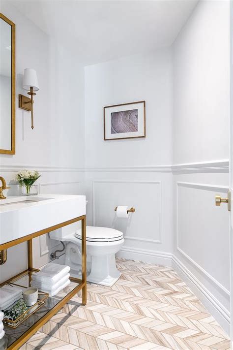 White And Gold Herringbone Pattern Floor Tiles Transitional Bathroom