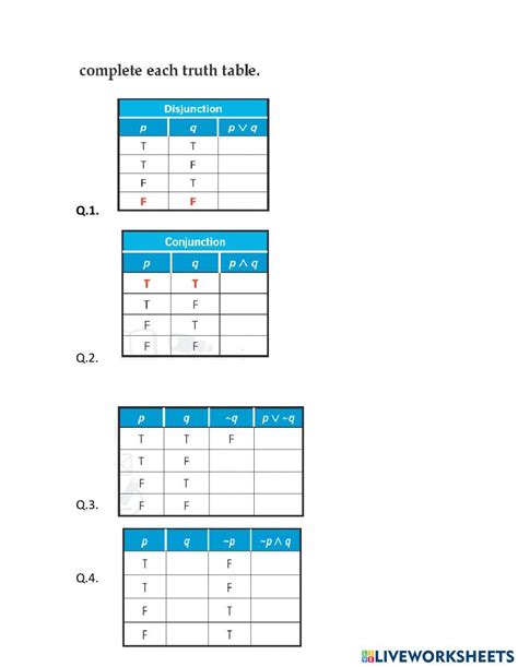 Truth Table Interactive Worksheet Live Worksheets