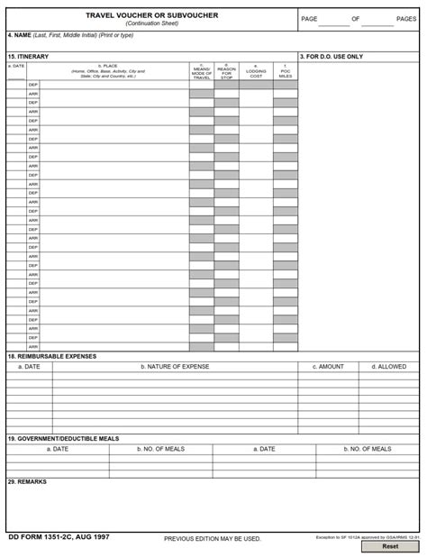 Dd Form 1351 2c Travel Voucher Or Subvoucher Continuation Sheet