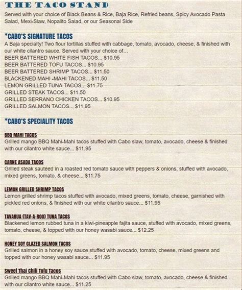 Menu At Cabo Fish Taco Restaurant Charlotte N Davidson St