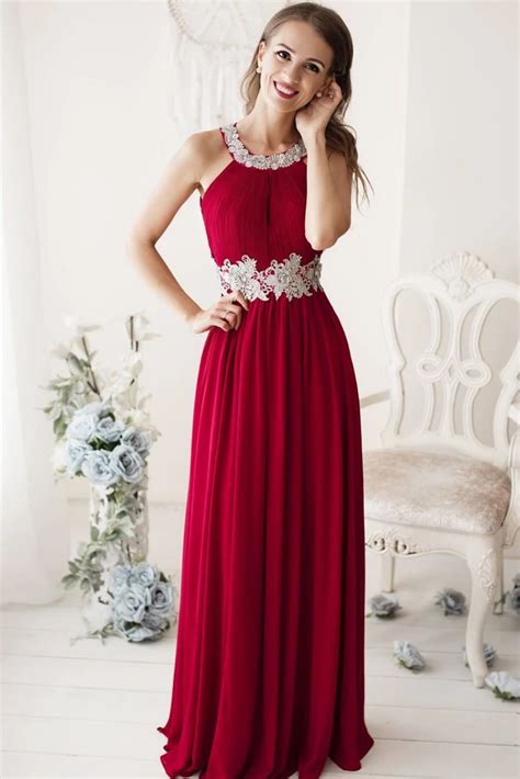 Simple Red Lace Long Prom Dresses Chiffon Evening Gowns Whk135 Amyprom