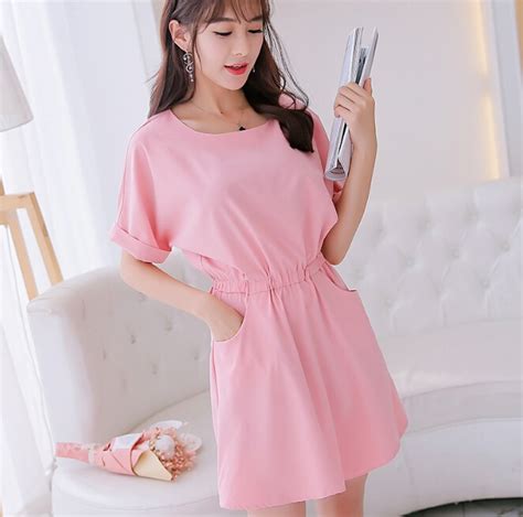 Summer Dress Clothing Cute Short Sleeve Dress Korean Solid Elastic Waist Pink Shy Blue Light