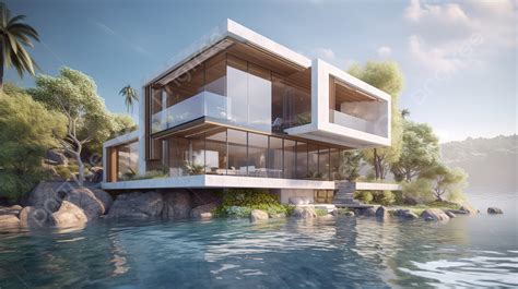 Modern Beach House On The Water 3d Render File Background 3d Rendering