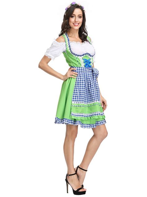 Faschingskostüm Bier Mädchen Kostüm Grasgrün Karo Rüschen Schnürschürze Polyester Oktoberfest