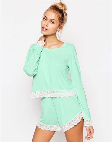 Image 1 Of Asos Lace Trim Long Sleeve Tee And Short Pyjama Set Comfy