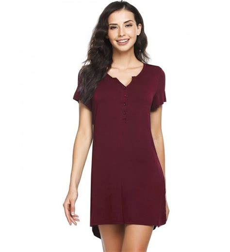 Womens Sleep Dress Short Sleeve Nightshirt Ultra Soft Sleepwear Nightgown 7020 Wine Red