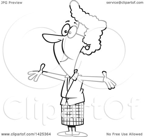 Clipart Of A Cartoon Black And White Lineart Happy Granny Wanting A Hug Royalty Free Vector