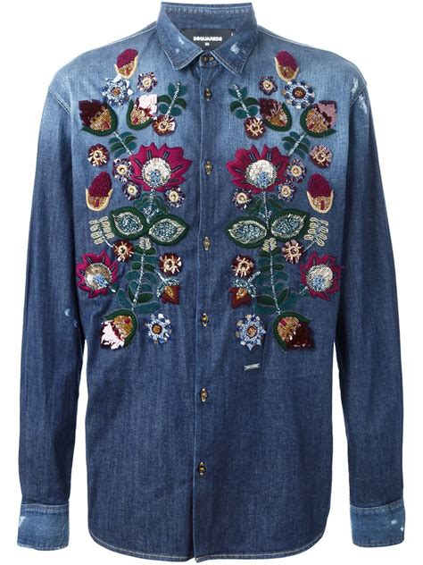Dsquared² Flower Embroidered Denim Shirt In Blue For Men Lyst