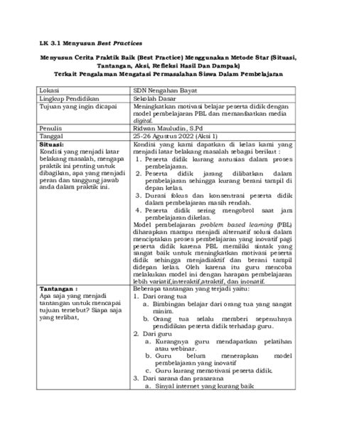 Pdf Lk 3 1 Pelaksanaan Rencana Aksi Dan Rencana Evaluasi Best
