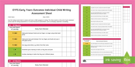 Eyfs Early Years Outcomes Individual Child Writing Assessment Sheet