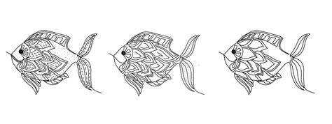 Hand Drawn Vector Doodlesa Set Of Three Ornamental Fish Black And