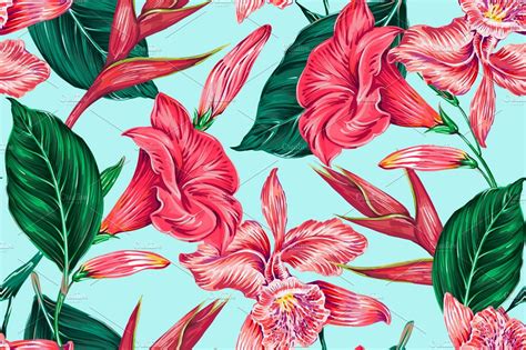 Tropical Flowersleaves Pattern Pre Designed Illustrator Graphics