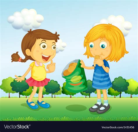 Two Girls Talking With Junkfoods Royalty Free Vector Image