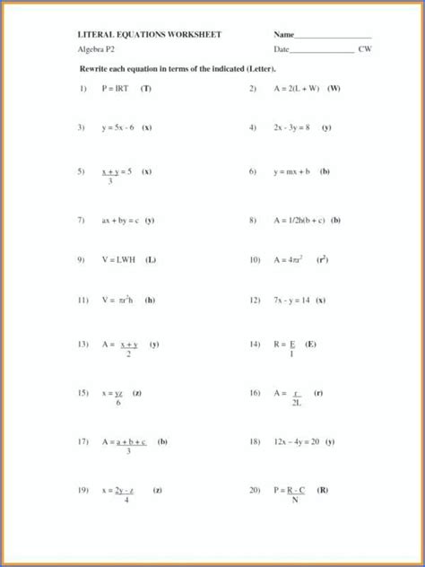 You can just do the one's you know. Literal Equations Worksheet Answer Key with Work