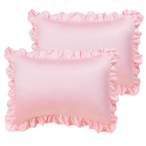 Piccocasa Ruffled Silky Satin King Pillowcases 2pcs 20x36 Inch Pink