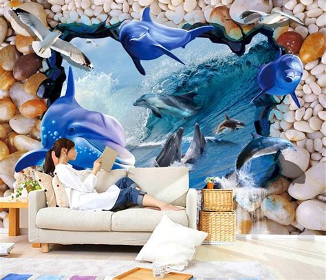 3d Murals Wallpaper For Living Room Underwater World Dolphin Pebbles Sea Wallpaper Window Mural