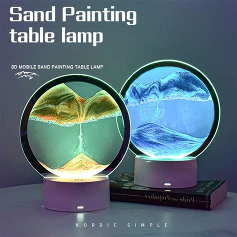 LED 퀵샌드 페인팅 테이블 램프 3D 아트 모래 장면 다이나믹 라운드 유리 모래 시계 어린이 침실 야간 조명 데스크탑