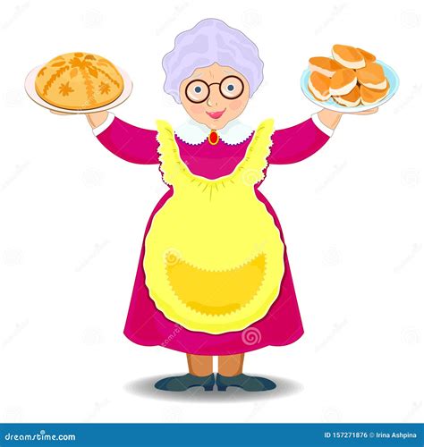 Flat Drawing Of A Happy Grandmother With Pies Grandmother In Glasses