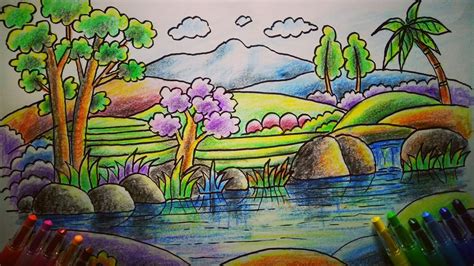 36 lukisan pemandangan menggunakan crayon. Menggambar Pemandangan Gunung Dan Danau Dengan Pen Crayon ...
