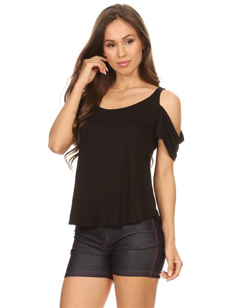 Style Clad Womens Short Sleeve Cold Shoulder Top Black Small