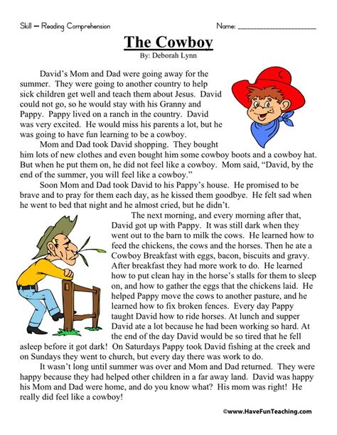 Reading Comprehension Worksheet The Cowboy